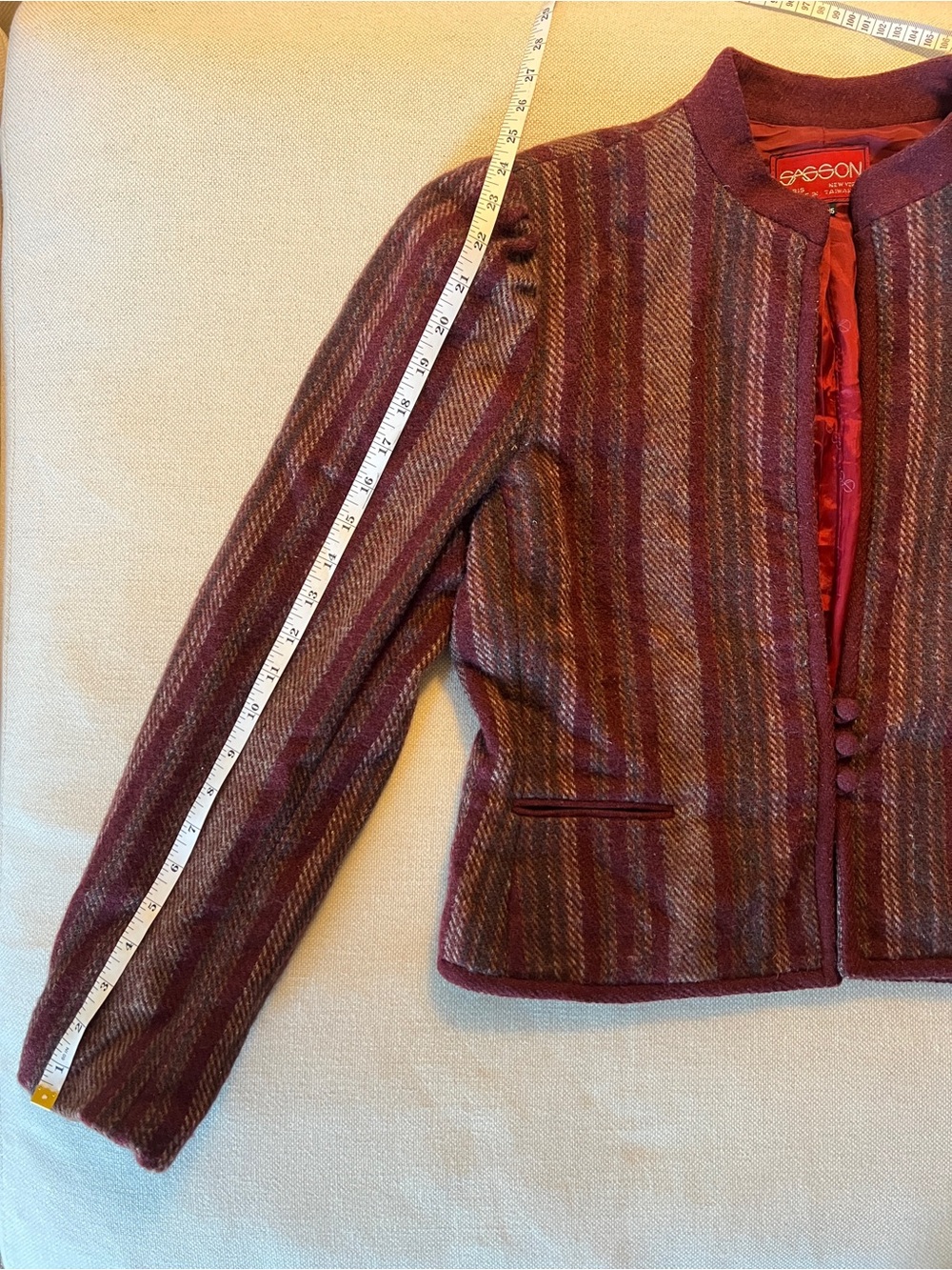 SASSON 100% Wool Mandarin Collar Cropped Stripe Jacket Burgundy Maroon | US M